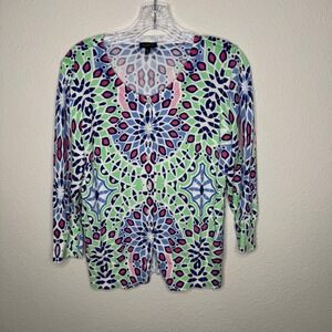 Talbots Women's Medium‎ Geometric Print Cardigan Sweater V Neck